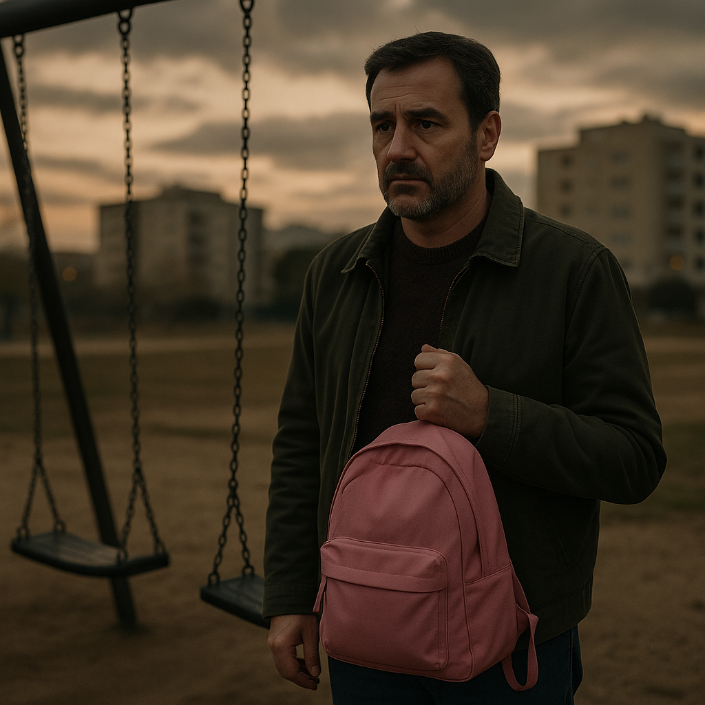"Homem de meia-idade, com expressão triste, segurando uma mochila cor-de-rosa num parque infantil vazio ao entardecer